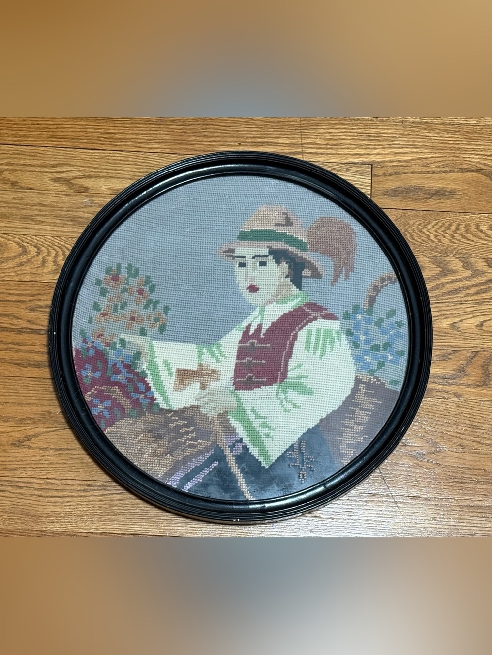 VTG Circular Needlepoint Tapestry Folk-Style Portrait of Youth Wearing Euro Hat